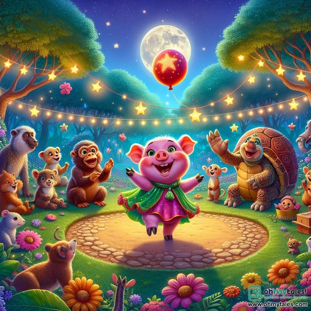 Illustration destinée aux enfants représentant une scène vibrante et joyeuse dans le cadre enchanteur du Cozy Creek Zoo, où des fleurs colorées et des arbres feuillus entourent une clairière illuminée par la douce lumière de la lune. Au centre, un petit cochon rose avec des joues rondes et un sourire éclatant exécute une danse amusante, ses pattes levées en l'air, tandis qu'il jongle avec un ballon rouge éclatant. À ses côtés, un babouin espiègle, avec un pelage brun et une cape faite de peaux de bananes, rit aux éclats, tandis qu'une tortue sage, avec une carapace ornée de motifs délicats, observe la scène avec un regard amusé. La situation principale montre le cochon en pleine performance lors d'un talent show nocturne, entouré d'animaux émerveillés, tous riant et applaudissant, créant une atmosphère de camaraderie et de joie. Des étoiles scintillantes dans le ciel nocturne ajoutent une touche magique à cette scène pleine de vie et d'amusement.