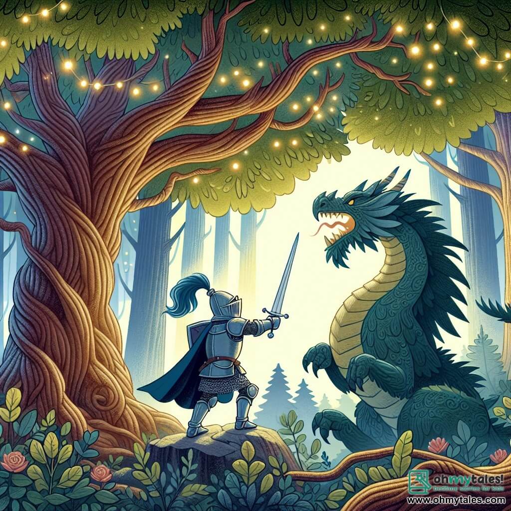 Une illustration destinée aux enfants représentant un courageux chevalier, un dragon féroce, une forêt enchantée aux arbres majestueux et aux feuilles scintillantes.