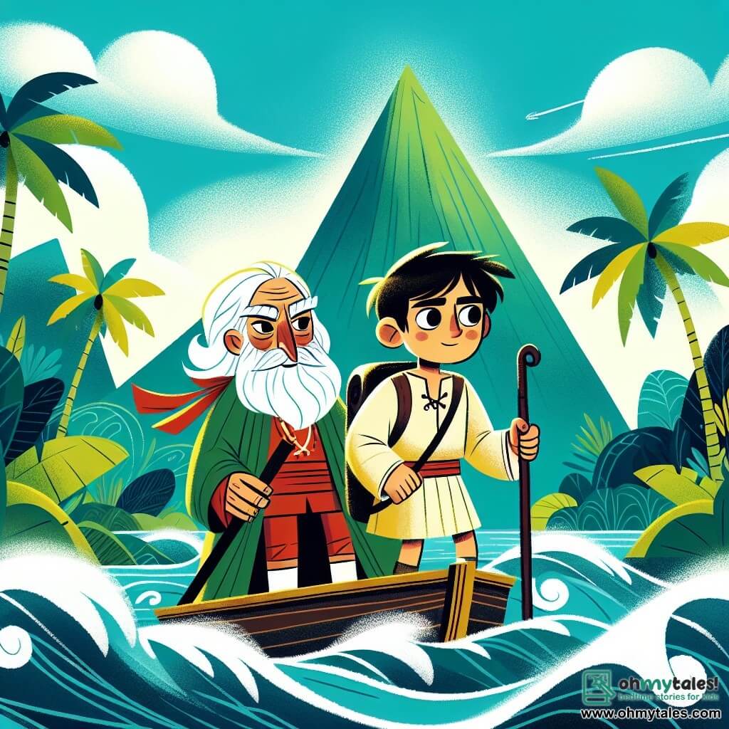 Une illustration destinée aux enfants représentant un jeune explorateur courageux, accompagné d'un guide sage et mystérieux, naviguant vers une île luxuriante et mystique au milieu de l'océan.