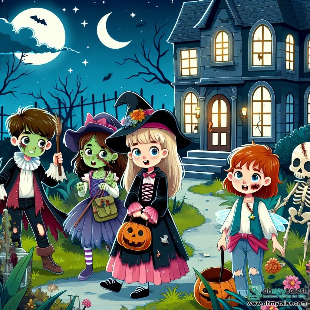 Une illustration destinée aux enfants représentant une jeune fille déguisée en sorcière, accompagnée de ses amis, un garçon déguisé en zombie pirate et une fille en fée, explorant une maison hantée aux fenêtres brisées, à la peinture écaillée, et au jardin envahi par les mauvaises herbes, la nuit d'Halloween.