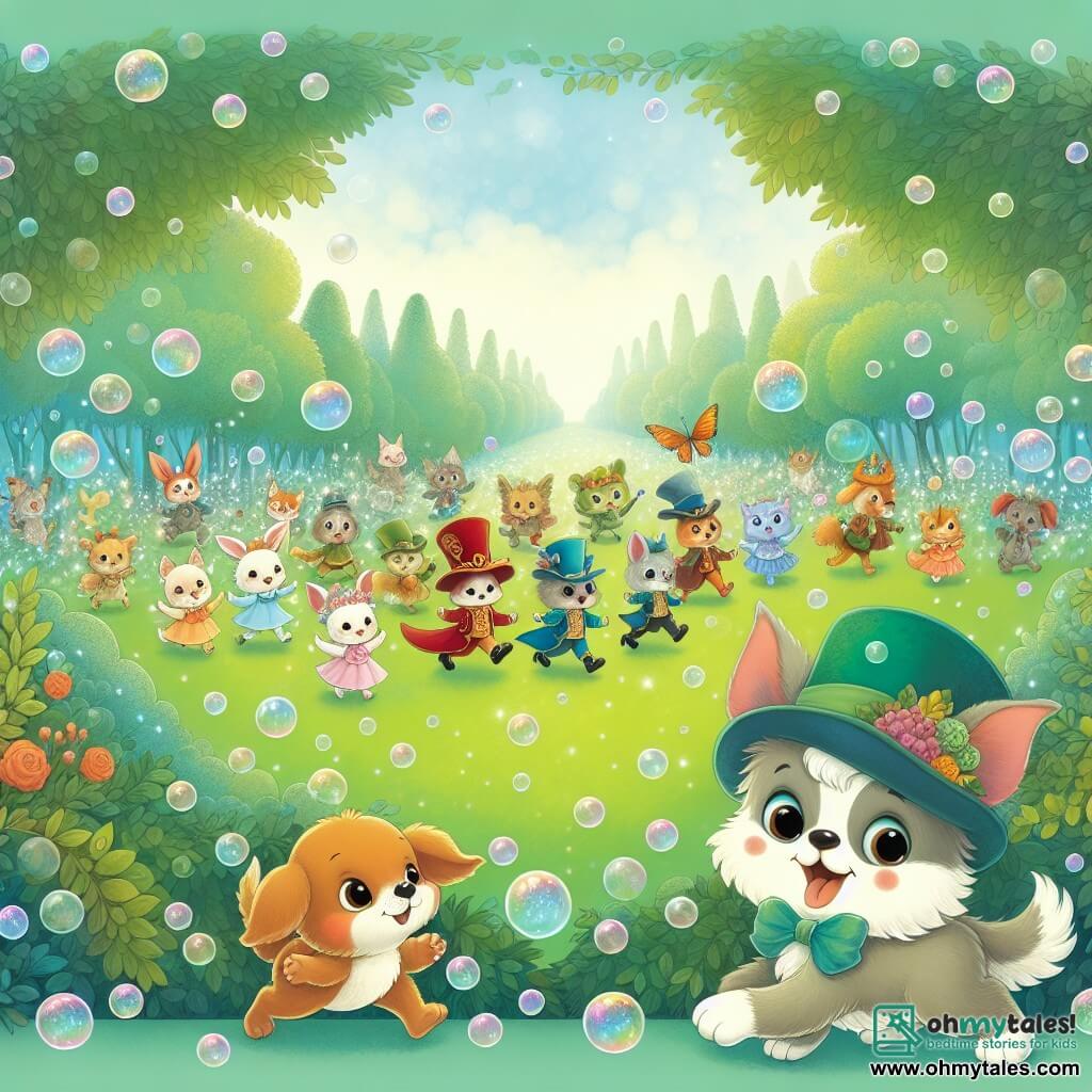 Une illustration destinée aux enfants représentant un petit chien espiègle découvrant un joyeux défilé d'animaux costumés dans un parc verdoyant rempli de bulles scintillantes.