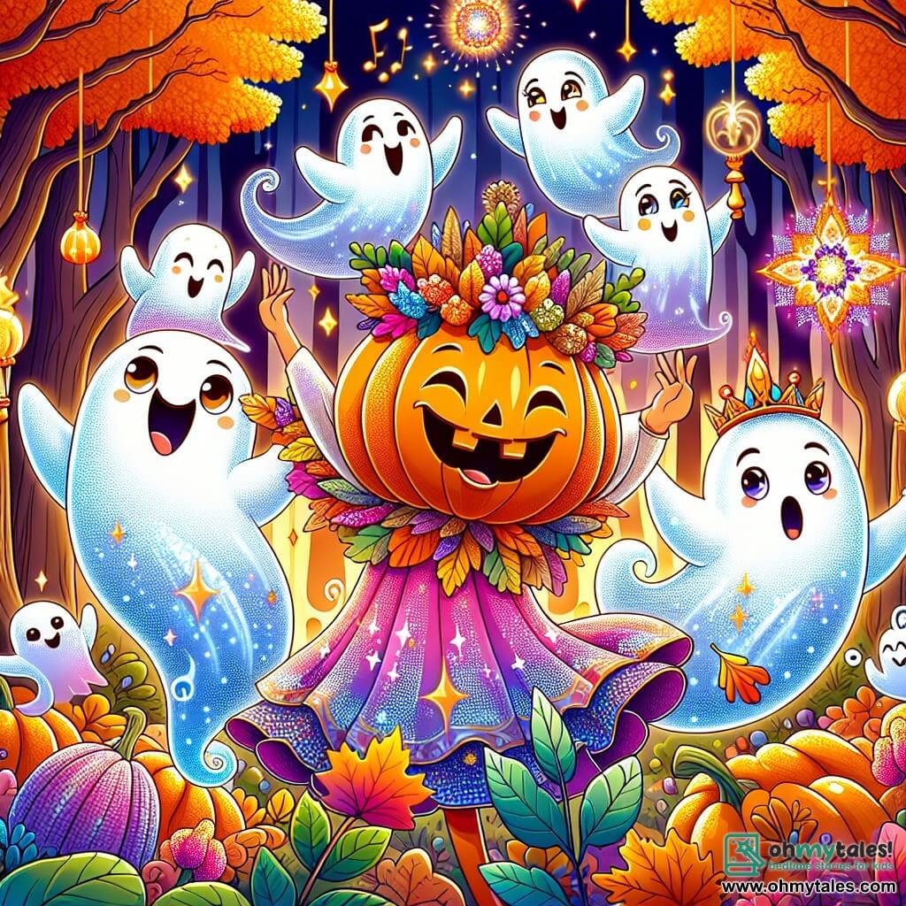 Une illustration sous forme de dessin destinée aux enfants représentant une scène joyeuse dans la forêt enchantée de Whimsy Woods, où un fantôme joyeux, flottant avec un sourire éclatant et des yeux pétillants, danse avec des amis fantomatiques aux formes translucides et colorées, tandis qu'un grand roi citrouille, avec un visage souriant et une couronne de feuilles, se joint à eux en riant, le tout entouré d'arbres aux couleurs vives et de fleurs éclatantes, alors qu'ils célèbrent ensemble une fête pleine de rires et de musique.