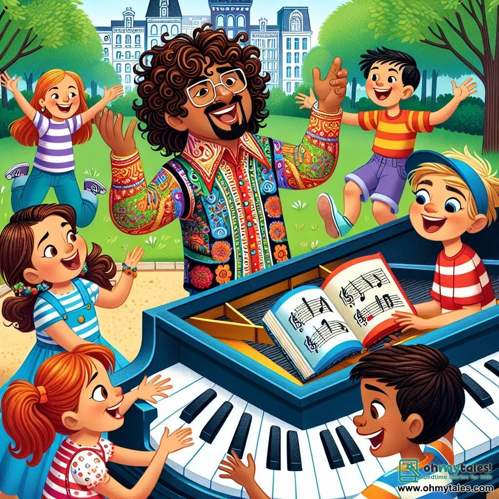 Une illustration sous forme de dessin destinée aux enfants représentant un parc vibrant de couleurs à Harmonville, où un homme aux cheveux bruns et bouclés, vêtu d'une chemise à motifs colorés, joue du piano avec passion, entouré de plusieurs enfants joyeux, dont une fille aux pigtails rouges qui tient un carnet de chansons et un garçon aux lunettes rondes qui danse avec enthousiasme, alors qu'ils créent ensemble une mélodie magique qui évoque l'amitié et l'aventure.