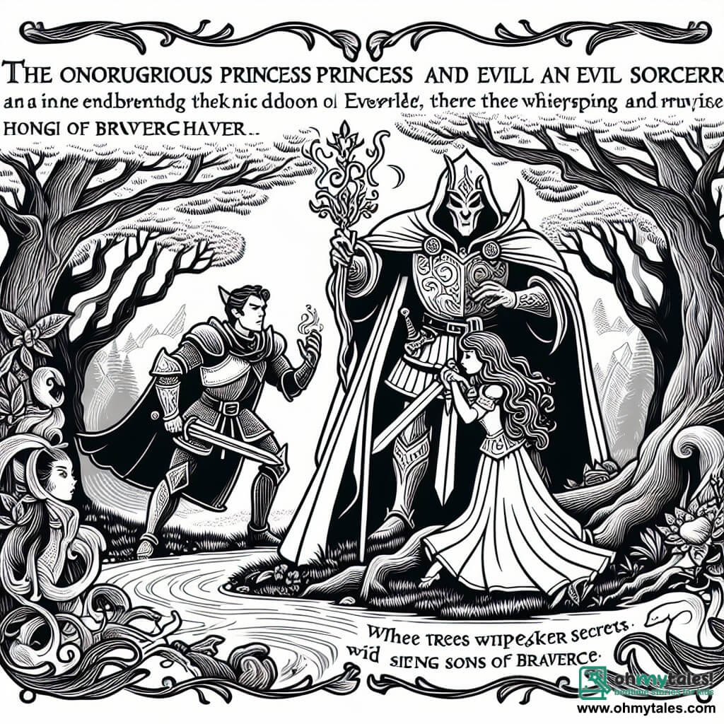 Une illustration destinée aux enfants représentant une princesse courageuse affrontant un sorcier maléfique, accompagnée d'un vaillant chevalier, dans le royaume enchanté d'Everdell, où les arbres chuchotent des secrets et les rivières chantent des chansons de courage.