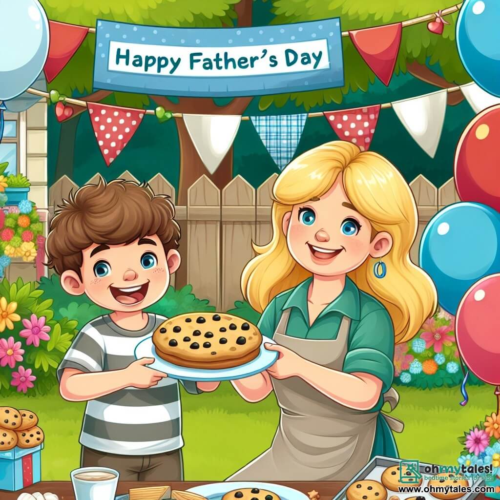 Une illustration destinée aux enfants représentant un petit garçon plein d'enthousiasme préparant une surprise pour son papa, avec sa maman souriante tenant un plateau de cookies fraîchement cuits, dans le jardin décoré de ballons colorés et de guirlandes pour la fête des pères.