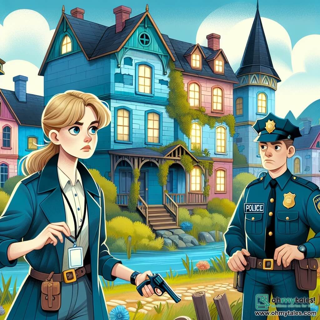 Une illustration destinée aux enfants représentant une femme détective intrépide, plongée dans une mystérieuse disparition d'un enfant, accompagnée d'un fidèle officier de police, dans la paisible ville de Cloverdale, avec ses maisons colorées, ses rues pavées et son vieux manoir abandonné aux fenêtres brisées et aux vignes sauvages.