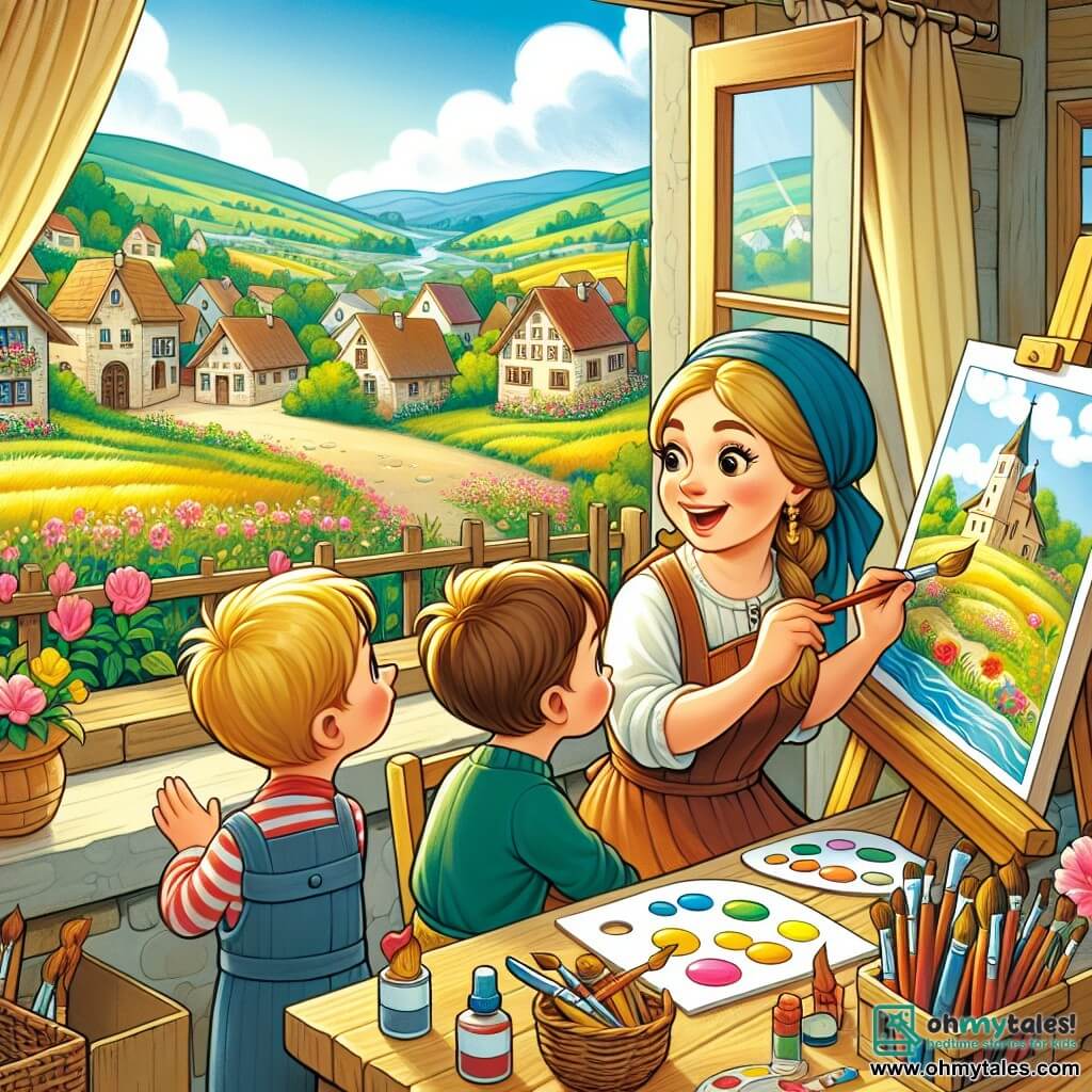 Une illustration destinée aux enfants représentant une artiste talentueuse travaillant dans son atelier de peinture, accompagnée de deux jeunes enfants enthousiastes, dans une petite ville entourée de collines verdoyantes et de prairies fleuries.