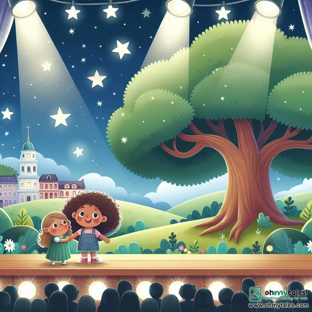 Une illustration destinée aux enfants représentant une petite fille aux boucles brunes, se tenant sur une scène éclairée par des projecteurs, soutenue par sa meilleure amie, sous un ciel étoilé et un grand chêne majestueux dans une ville paisible entourée de collines verdoyantes.