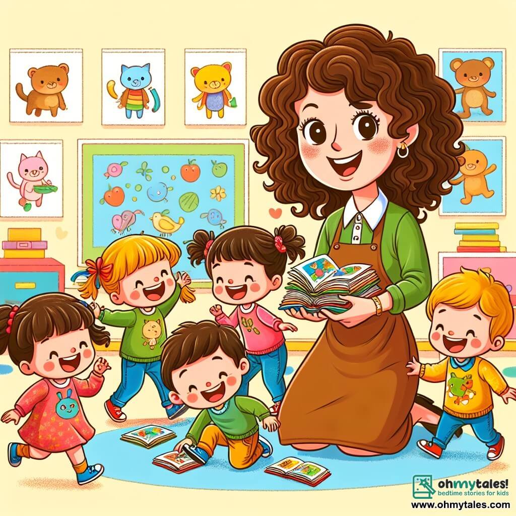 Une illustration sous forme de dessin destinée aux enfants représentant une salle de classe lumineuse et colorée, avec des murs décorés de dessins d'animaux, où une enseignante joyeuse, une femme aux cheveux bouclés bruns et aux yeux pétillants, sourit en s'agenouillant pour aider ses élèves à ramasser des livres tombés, tandis que cinq enfants, deux filles et trois garçons, aux vêtements colorés et aux expressions enthousiastes, s'affairent autour d'elle, chacun tenant un livre et riant, illustrant un moment de camaraderie et d'apprentissage joyeux.
