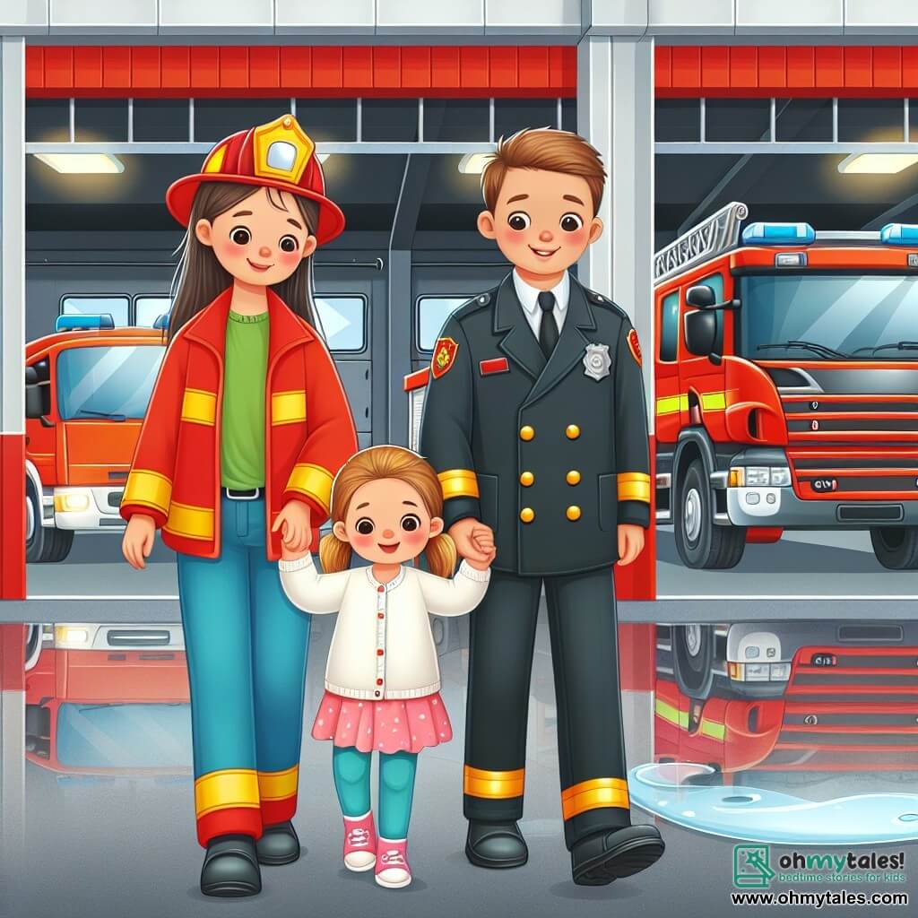 Une illustration destinée aux enfants représentant une courageuse capitaine pompier, une petite fille et son meilleur ami garçon, explorant une grande caserne de pompiers rouge vif avec des camions étincelants garés à l'extérieur.