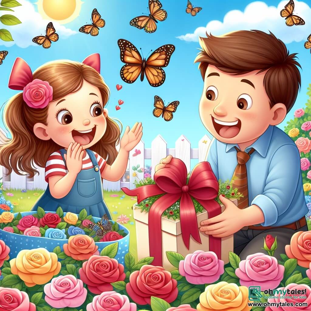 Une illustration destinée aux enfants représentant une fillette malicieuse concoctant une surprise pour la fête des mères, avec l'aide précieuse de son papa, dans un jardin ensoleillé rempli de roses colorées et de papillons virevoltant joyeusement.