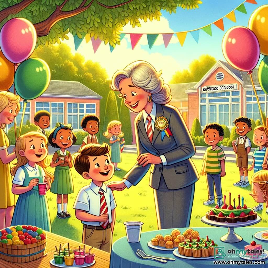 Une illustration destinée aux enfants représentant un garçon espiègle et curieux, partageant des souvenirs avec ses amis lors d'une fête d'adieu à l'école, entourés de ballons colorés et de tables remplies de friandises, dans la cour ensoleillée de l'école Oakwood Elementary, tandis que leur chaleureuse enseignante, une femme bienveillante, les encourage à se rappeler les moments précieux de l'année écoulée.