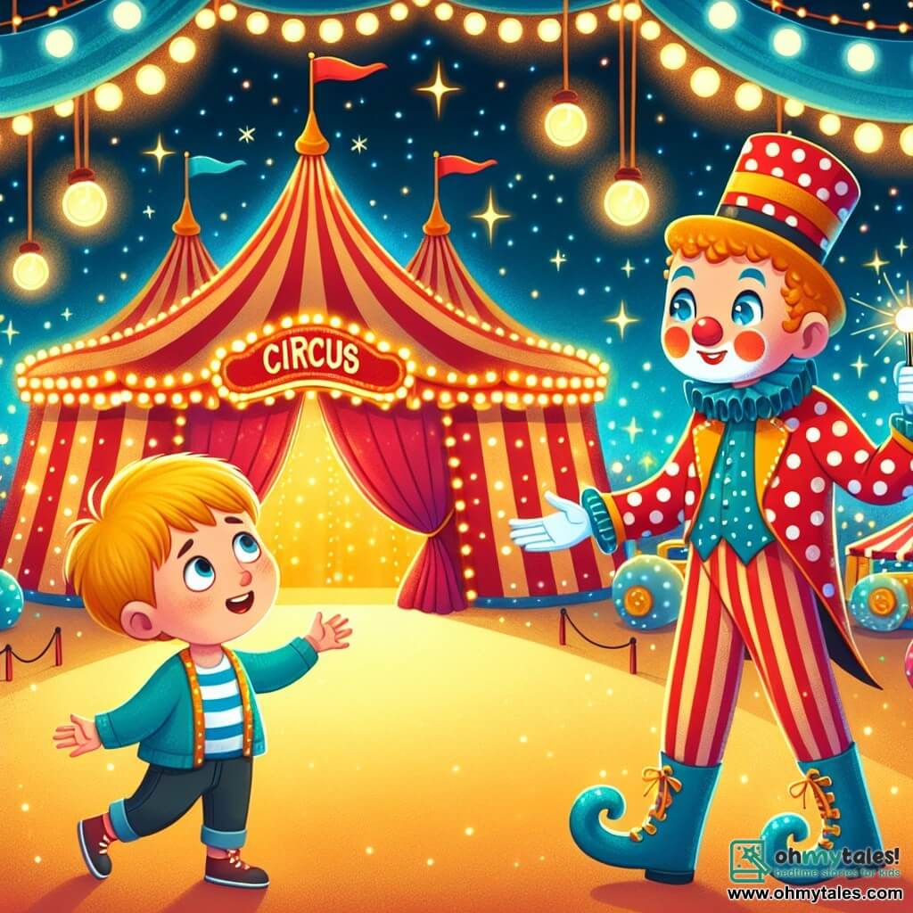 Une illustration destinée aux enfants représentant un garçon curieux découvrant les merveilles d'un cirque coloré, accompagné d'un joyeux jongleur habillé de pois, sous le grand chapiteau aux tentes chatoyantes et aux lumières scintillantes.