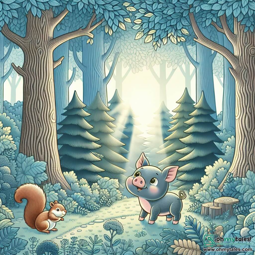 Une illustration destinée aux enfants représentant un petit cochon courageux explorant une forêt enchantée aux arbres majestueux, accompagné d'un écureuil espiègle, dans une clairière baignée de lumière magique.