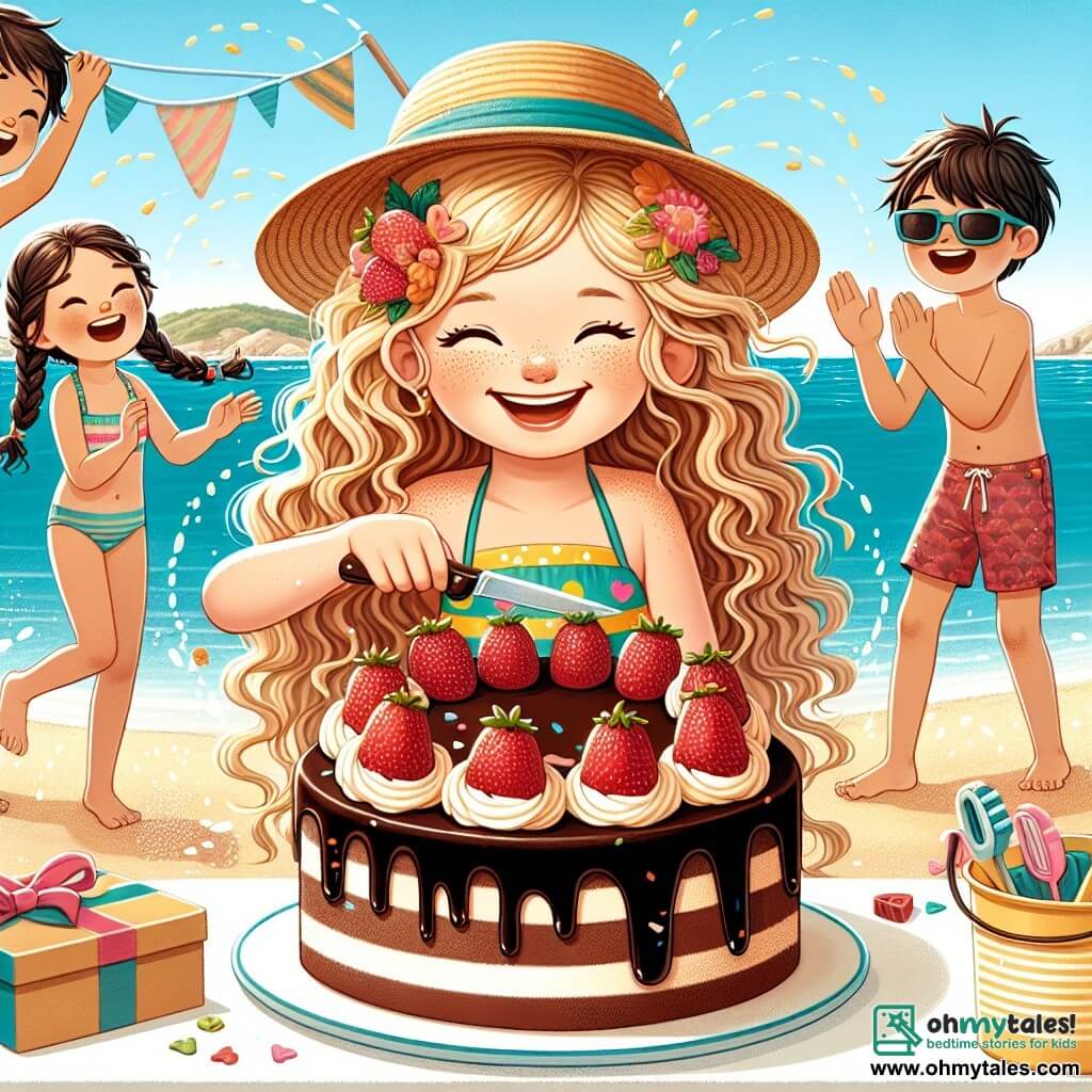 Une illustration sous forme de dessin destinée aux enfants représentant une plage ensoleillée à Shell Cove, avec une fille de 9 ans aux cheveux bouclés et blonds, portant un maillot de bain coloré et un chapeau de paille, souriant joyeusement alors qu'elle coupe un immense gâteau au chocolat décoré de fraises, entourée de ses amis : une fille aux cheveux bruns tressés qui applaudit et un garçon aux lunettes de soleil qui éclabousse de l'eau en riant, capturant l'excitation et la joie d'une fête d'anniversaire pleine de rires et de jeux.