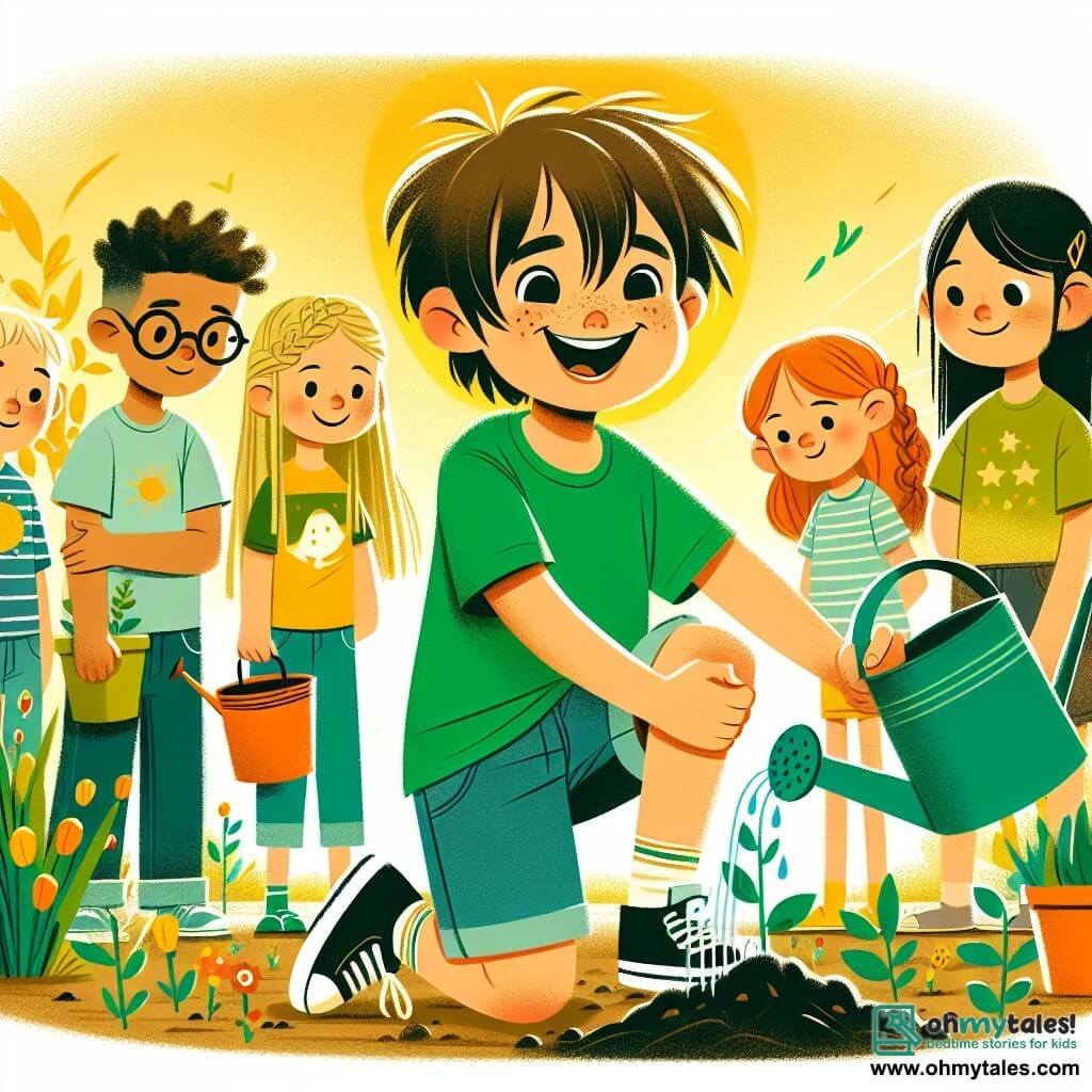 Une illustration sous forme de dessin destinée aux enfants représentant un jardin communautaire coloré et ensoleillé, où un garçon de 11 ans aux cheveux bruns en bataille et portant un t-shirt vert et un short en denim, s'agenouille avec enthousiasme pour planter des graines, entouré de plusieurs enfants, dont une fille aux cheveux blonds tressés qui sourit en tenant un arrosoir, et un garçon aux lunettes rondes qui observe avec curiosité, illustrant la joie et l'unité des enfants de tous genres travaillant ensemble pour créer un espace de partage et d'égalité.