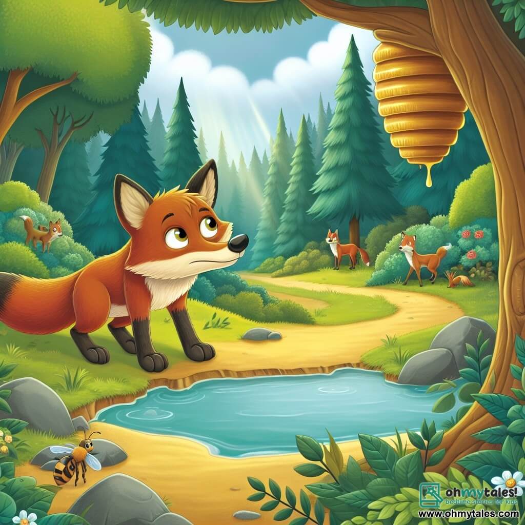 Une illustration destinée aux enfants représentant un rusé renard au pelage roux, se retrouvant face à un problème avec une ruche suspendue au-dessus d'un point d'eau prisé par les animaux de la forêt enchantée, dans un décor luxuriant de verdure avec des arbres majestueux et une clairière baignée de douce lumière.