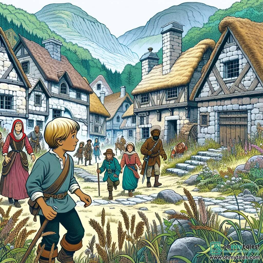 Une illustration destinée aux enfants représentant un jeune garçon intrépide, accompagné de ses amis, explorant un village mystérieux aux rues pavées envahies par les herbes folles et aux maisons abandonnées aux fenêtres barricadées, situé au pied des montagnes.