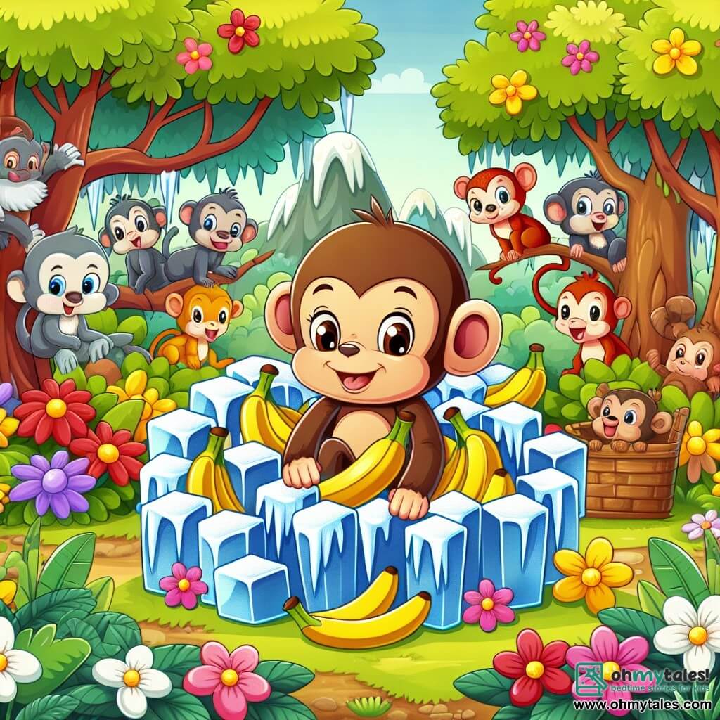 Une illustration destinée aux enfants représentant un singe espiègle se retrouvant avec une montagne de bananes glacées dans une jungle luxuriante remplie d'arbres colorés et d'animaux curieux.