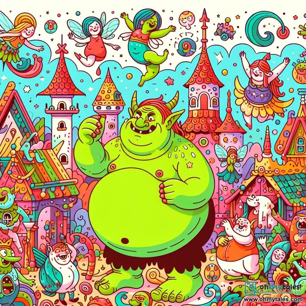Une illustration destinée aux enfants représentant un ogre rigolo avec une grosse tummy, entouré de créatures rigolotes telles que des goblins farceurs et des fées dansantes, dans un monde enchanté appelé Sillyville, rempli de couleurs vives, de jeux loufoques et de décors féeriques.
