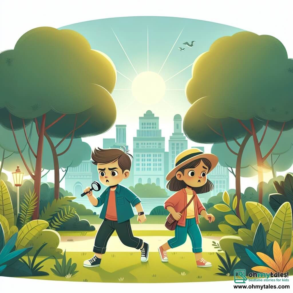 Une illustration destinée aux enfants représentant un jeune garçon curieux et aventureux, accompagné de son amie, enquêtant sur des disparitions mystérieuses dans une ville paisible entourée d'arbres luxuriants et d'un parc ensoleillé.