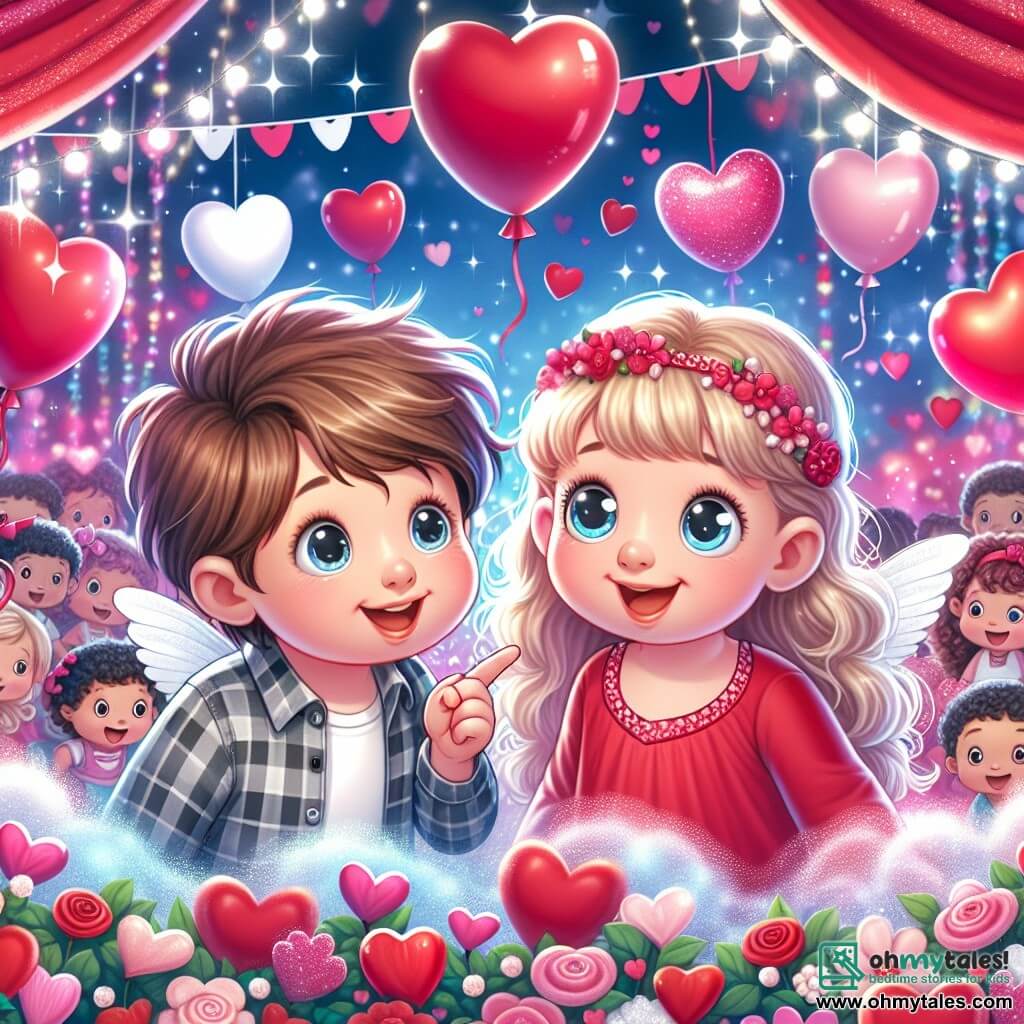 Une illustration destinée aux enfants représentant un garçon curieux découvrant la magie de la Saint-Valentin avec sa petite sœur, une fillette joyeuse, lors d'une fête foraine enchantée aux couleurs éclatantes de rouge, rose et blanc, remplie de ballons en forme de cœur et de guirlandes scintillantes.