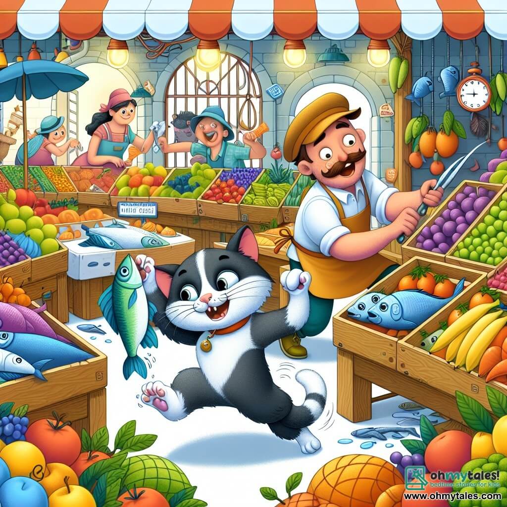 Une illustration destinée aux enfants représentant un chat malicieux, qui se retrouve dans une course poursuite comique avec un vendeur de poisson à travers un marché coloré et animé, rempli de stands colorés, de fruits juteux et d'odeurs alléchantes.