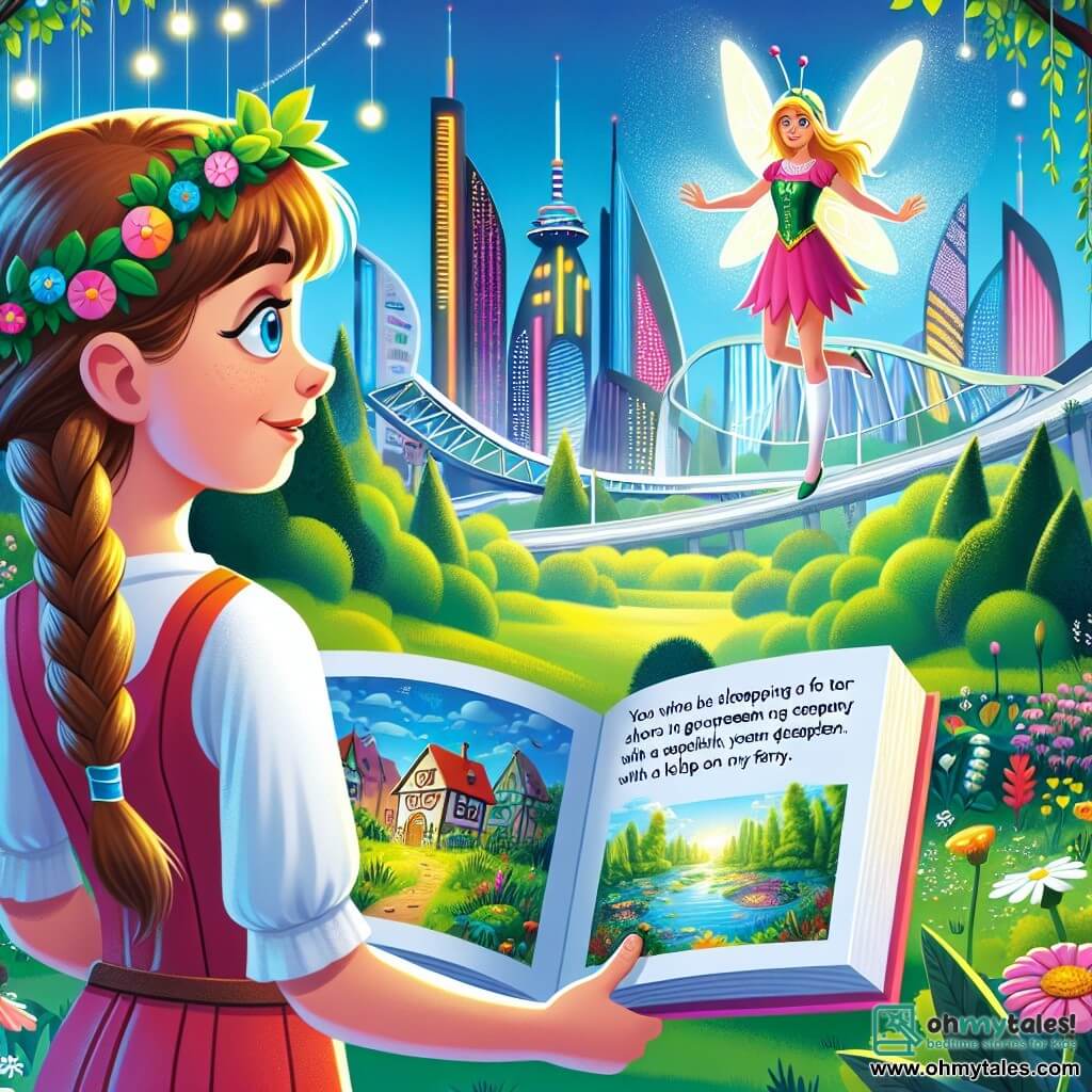 Une illustration destinée aux enfants représentant une jeune fille courageuse, endormie depuis longtemps, aidée par une fée sage, dans une cité futuriste aux gratte-ciels colorés et aux parcs luxuriants où la technologie côtoie la nature.