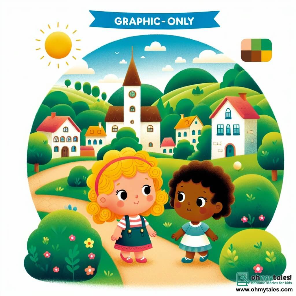 Une illustration destinée aux enfants représentant une fillette aux boucles d'or, confrontée au racisme dans une petite ville pittoresque entourée de collines verdoyantes, accompagnée de sa nouvelle amie, une fille au teint brun et aux cheveux noirs, lors d'une journée ensoleillée au marché.