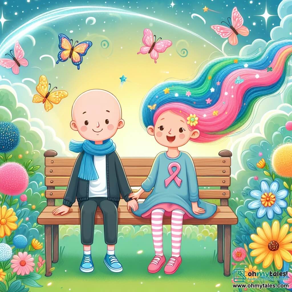 Une illustration destinée aux enfants représentant une jeune fille rayonnante de joie, accompagnée d'une amie aux cheveux colorés, assises sur un banc dans un jardin magique rempli de fleurs éclatantes, de papillons virevoltants et d'une douce brise, évoquant l'histoire sur la maladie.
