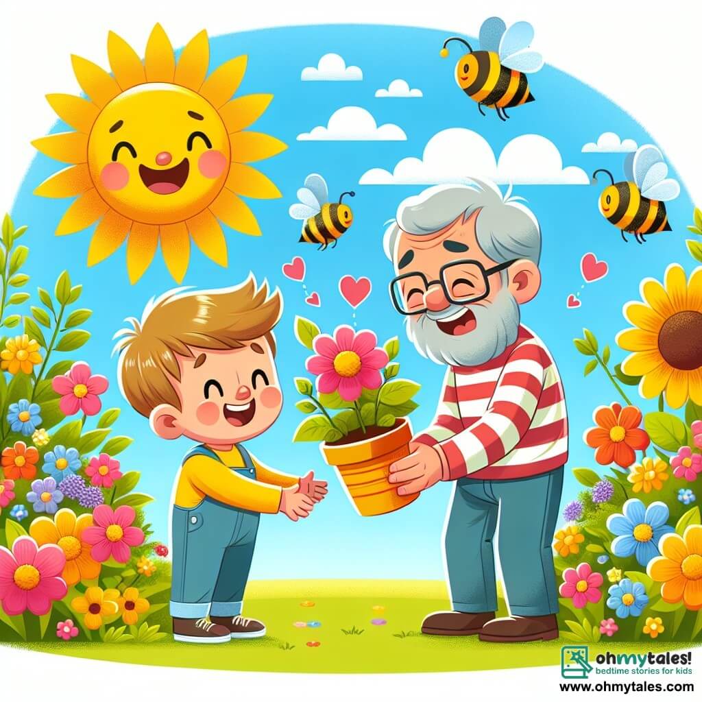 Une illustration destinée aux enfants représentant un petit garçon joyeux offrant un pot de fleurs coloré à son père ému, dans un jardin ensoleillé rempli de fleurs multicolores et d'abeilles qui bourdonnent.