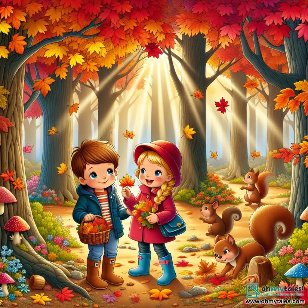 An illustration depicting an autumn scene in an enchanted forest. The tall, majestic trees have leaves that shimmer in bright colors: red, yellow, and orange. The ground is covered with a carpet of crunchy leaves, and some rays of sunshine filter through the branches, creating a warm atmosphere. 

In the center of the image are two children. A 7-year-old boy with brown hair and sparkling eyes is wearing a blue jacket and a red hat. He is picking up a golden leaf, a big smile on his face. Next to him is a 6-year-old girl with blonde hair in braids, wearing a pink coat and rubber boots. She holds a small basket filled with colorful leaves and looks at the boy with joy.

The main scene shows the two friends exploring and having fun collecting autumn treasures. Squirrels play in the trees, and some birds sing in the distance. In the background, colorful mushrooms and scattered acorns can be seen on the ground, adding to the magic of this beautiful autumn day.