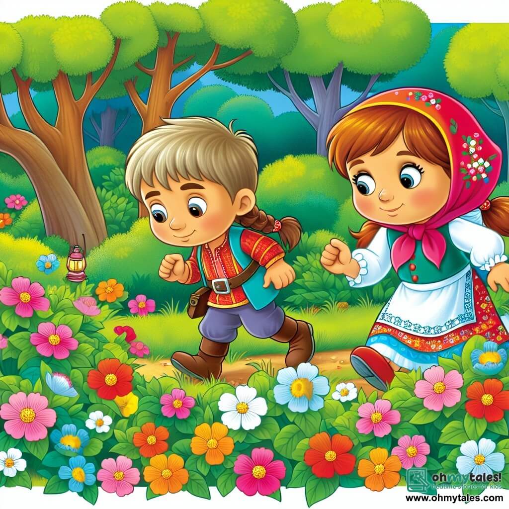 Une illustration destinée aux enfants représentant une fillette curieuse et courageuse, accompagnée d'un garçon astucieux, explorant un parc verdoyant parsemé de fleurs colorées, à la recherche d'indices mystérieux.