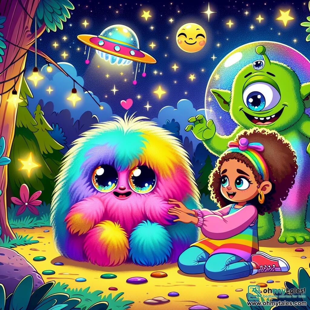 Une illustration sous forme de dessin destinée aux enfants représentant une clairière enchantée dans une forêt lumineuse, où une fille de 9 ans aux cheveux bouclés et aux yeux pétillants, vêtue d'une robe colorée, s'agenouille avec émerveillement pour caresser un Fluffaloo, une créature douce et colorée avec une fourrure arc-en-ciel, tandis qu'en arrière-plan, un extraterrestre vert à trois yeux, souriant et amical, ajuste les commandes de son vaisseau spatial scintillant, le tout sous un ciel étoilé parsemé de planètes brillantes, illustrant le moment où ils se préparent à aider le Grand Grumble, une immense créature aux yeux tristes, coincée sous des rochers.