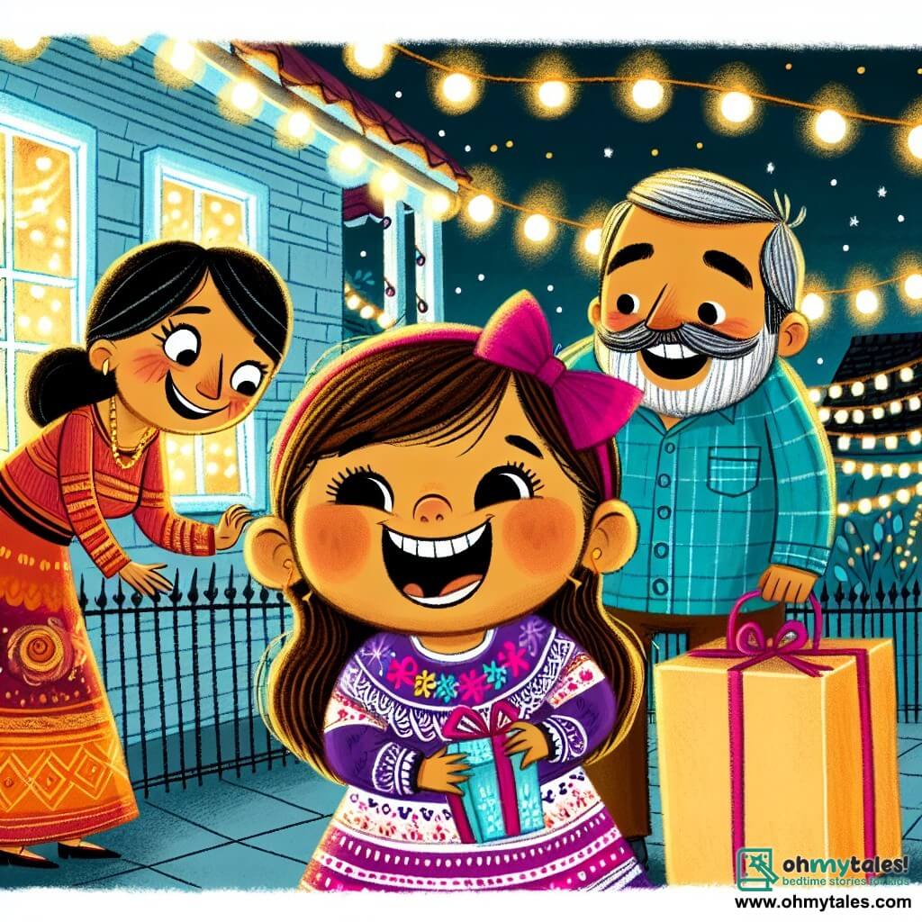 Une illustration destinée aux enfants représentant une fillette excitée se préparant pour une grande fête du Nouvel An, accompagnée de ses parents joviaux, dans un charmant village décoré de lumières scintillantes et de ballons colorés.