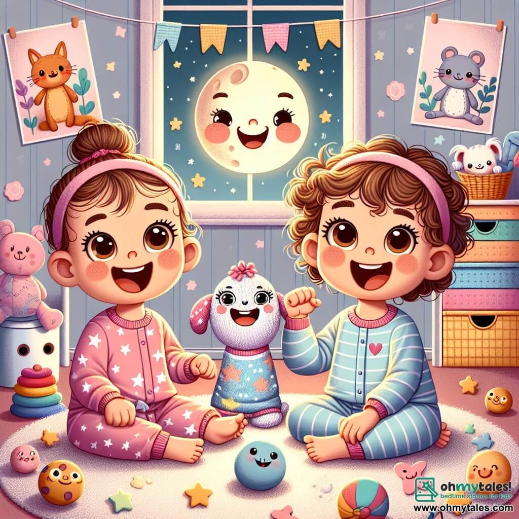 Illustration destinée aux enfants représentant une chambre douillette aux murs pastel, ornée de posters d'animaux rigolos et d'une douce lumière tamisée émanant d'une lampe en forme de lune. Au centre, deux petites filles d'environ un an, aux cheveux bouclés et aux yeux pétillants, sont assises sur un tapis moelleux, riant aux éclats. L'une porte une pyjama rose avec des étoiles, tandis que l'autre est vêtue d'un pyjama bleu à rayures. À leurs côtés, un drôle de marionette en forme de chaussette, avec de grands yeux globuleux et un sourire éclatant, danse joyeusement. Les filles sont en train de jouer à faire des grimaces, leurs visages illuminés par la joie, tandis que des jouets colorés sont éparpillés autour d'elles, créant une ambiance ludique et chaleureuse.