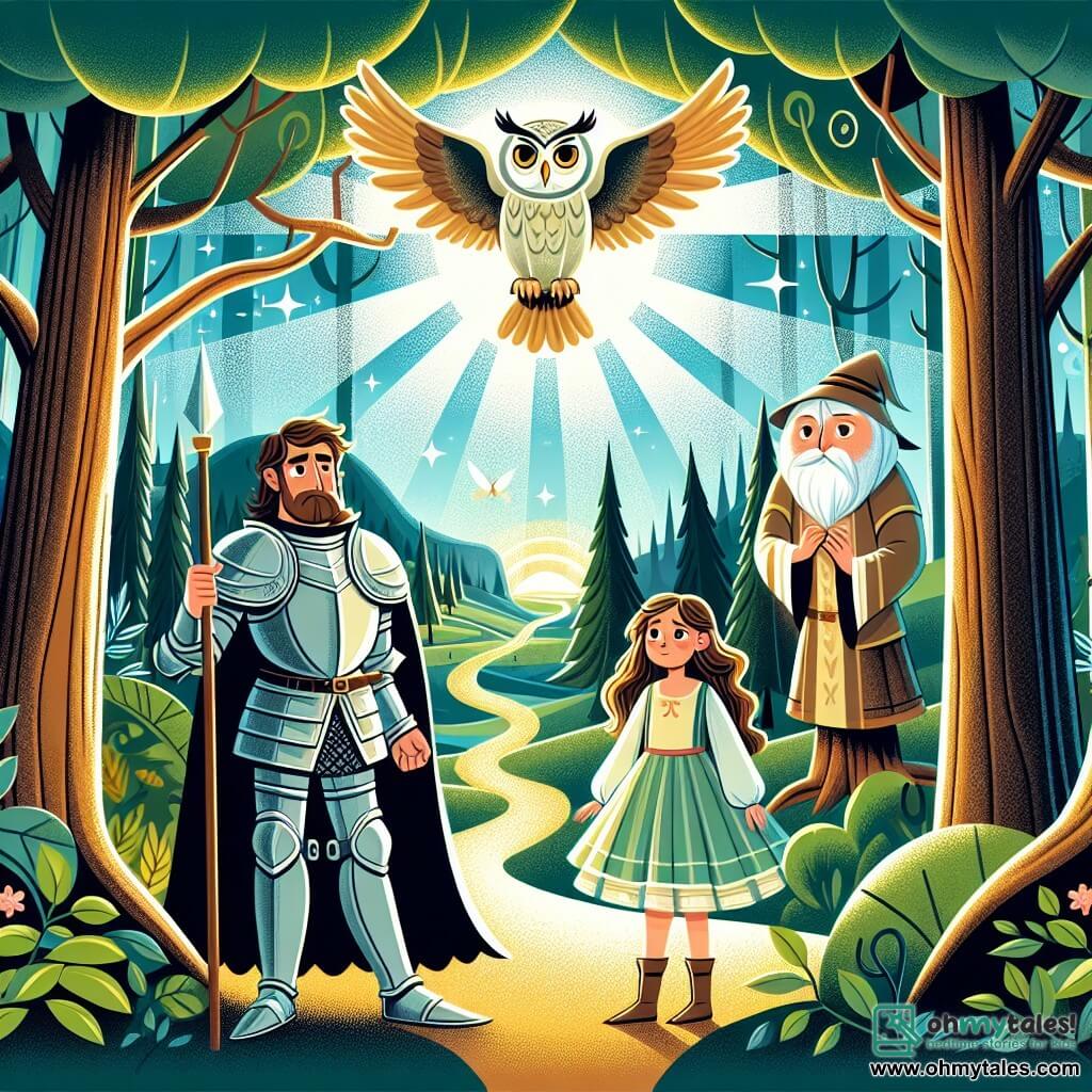 Une illustration destinée aux enfants représentant un courageux chevalier, une jeune fille, et un sage hibou, se déroulant dans une forêt enchantée aux arbres majestueux et aux chemins sinueux illuminés par des rayons de lumière magique.