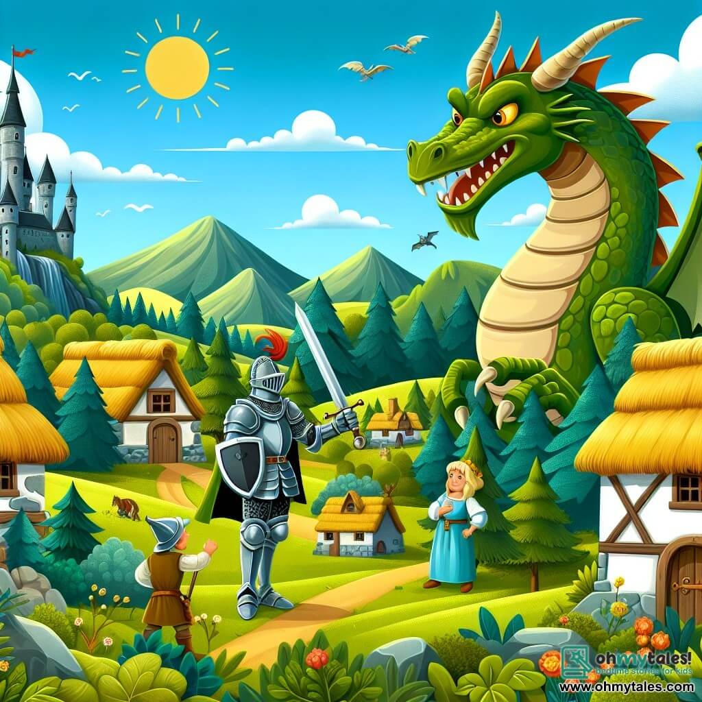 Une illustration destinée aux enfants représentant un courageux chevalier, une villageoise effrayée, et un dragon terrifiant, dans un paisible village entouré de collines verdoyantes et de maisons en pierre aux toits de chaume, où le soleil brille dans un ciel bleu azur.