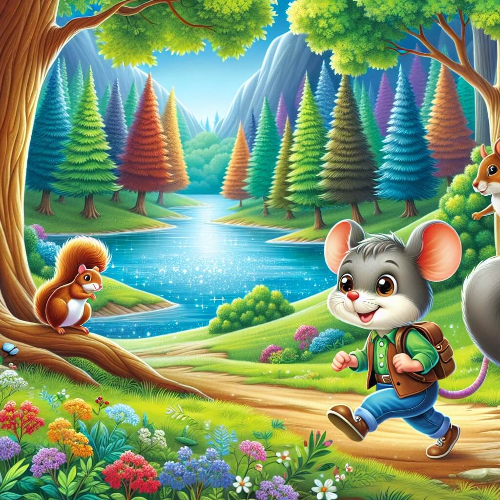 Une illustration destinée aux enfants représentant une souris intrépide qui part à l'aventure dans une forêt enchantée, accompagnée d'un adorable écureuil, au bord d'un lac scintillant, entouré de majestueux arbres aux couleurs chatoyantes.