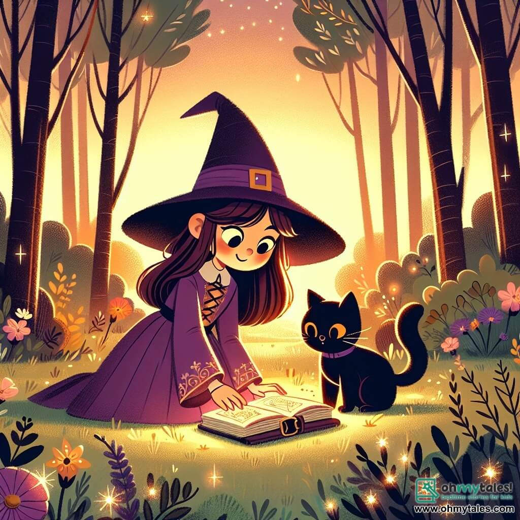 Une illustration destinée aux enfants représentant une apprentie sorcière aux cheveux bruns, vêtue d'une robe violette, découvrant un mystérieux grimoire dans une forêt enchantée, accompagnée de son fidèle chat noir, dans une clairière baignée de la lumière dorée du soleil couchant, entourée de fleurs lumineuses et d'arbres aux feuilles scintillantes.