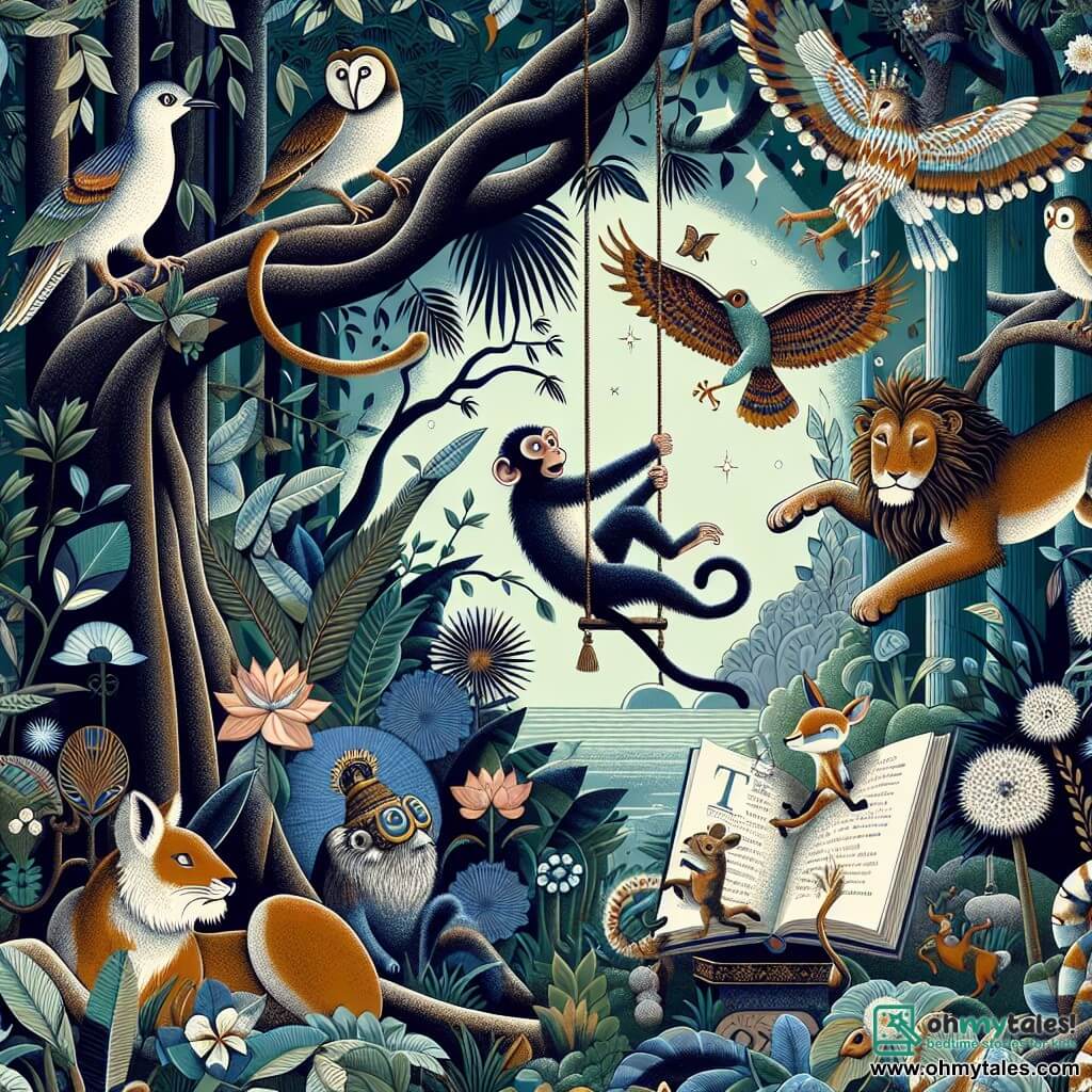 Une illustration destinée aux enfants représentant un singe curieux, se balançant dans les arbres d'une jungle luxuriante, découvrant un mystérieux livre magique, en compagnie d'animaux enchantés tels qu'un hibou sage, un lion courageux et une biche gracieuse.