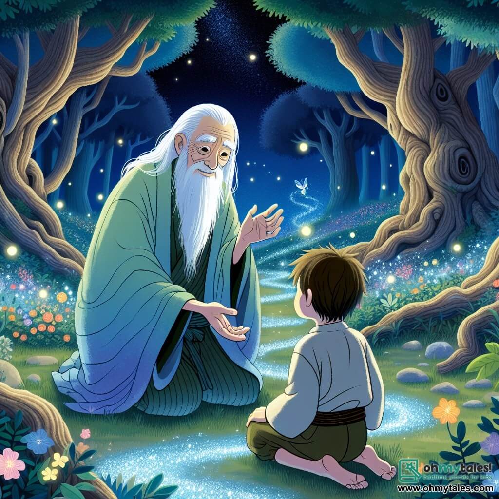 An illustration depicting an enchanted clearing bathed in moonlight, surrounded by tall trees with gnarled trunks and shimmering leaves. In the center, an elderly man with a long white beard and sparkling wise eyes wears a flowing robe in shades of blue and green, blending with nature. He is crouched down, a benevolent smile on his face, reaching out to a young boy of about ten, with brown hair and curious eyes, dressed in a simple tunic. The boy, with tears in his eyes, looks at the man with hope, listening attentively to his comforting words. The scene is filled with colorful flowers, fireflies dancing around them, and a sparkling stream winding through the clearing, adding a touch of magic to this touching encounter.
