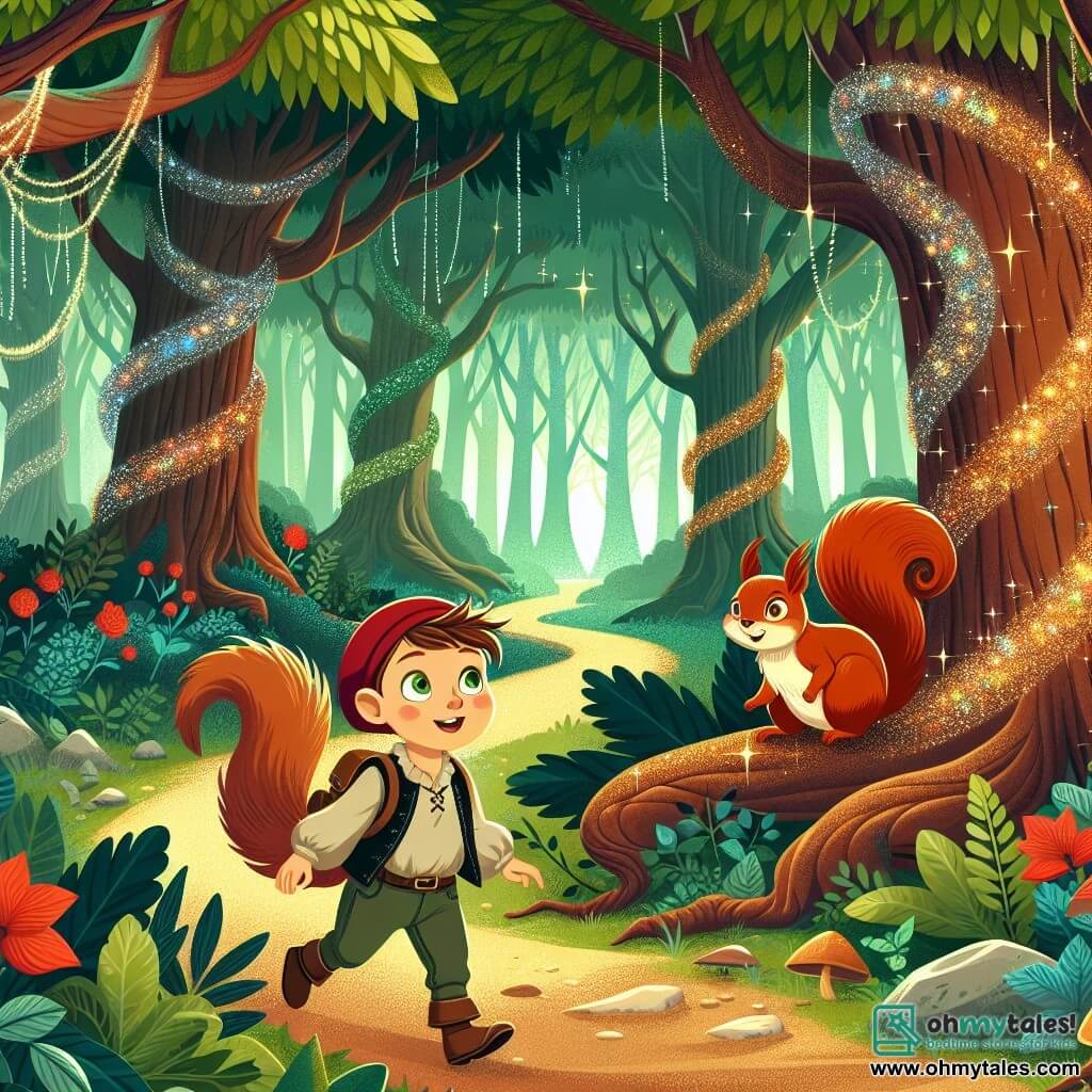 Une illustration destinée aux enfants représentant un garçon intrépide découvrant un monde magique rempli de créatures enchantées, accompagné d'un écureuil espiègle, dans une forêt luxuriante aux arbres centenaires aux couleurs chatoyantes et aux sentiers sinueux entrelacés de lianes scintillantes.