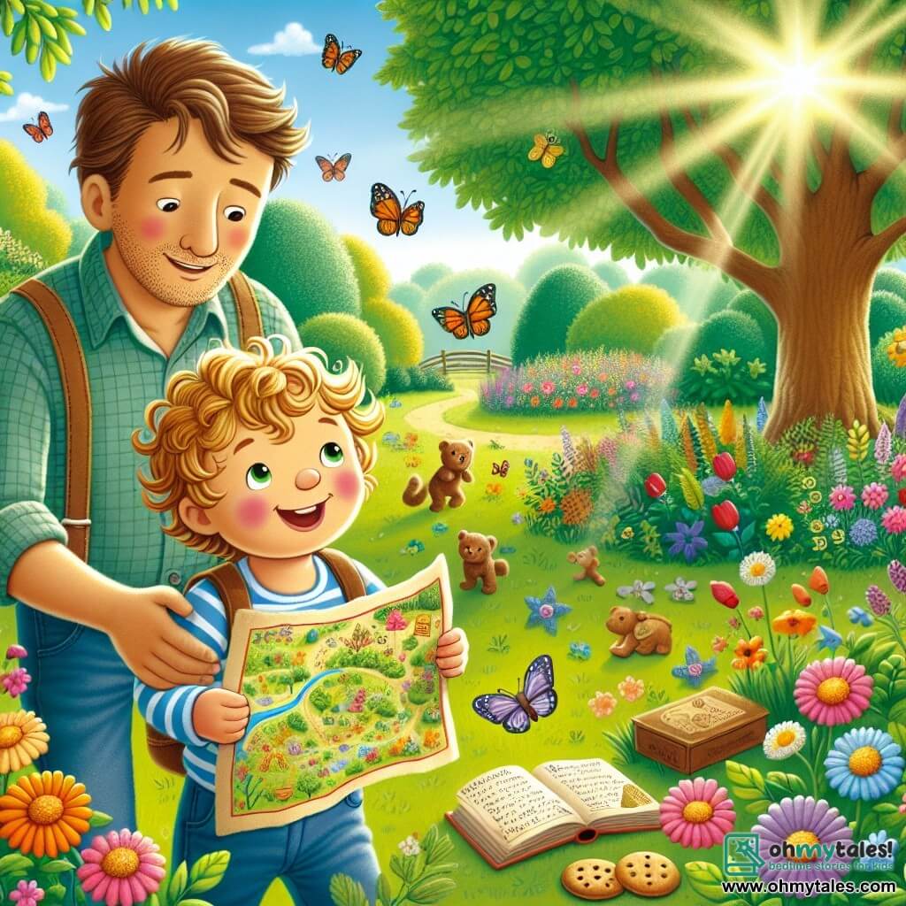 Une illustration sous forme de dessin destinée aux enfants représentant un jardin ensoleillé rempli de fleurs colorées et de papillons, où un petit garçon de 3 ans aux cheveux blonds et bouclés, avec un sourire éclatant, tient une carte au trésor dans ses petites mains, tandis qu'un homme adulte, son père, aux cheveux bruns et à la barbe légère, le regarde avec émerveillement, tous deux se tenant près d'un grand chêne, entourés de biscuits cachés et d'un livre, prêts à commencer une chasse au trésor joyeuse pour la fête des pères.