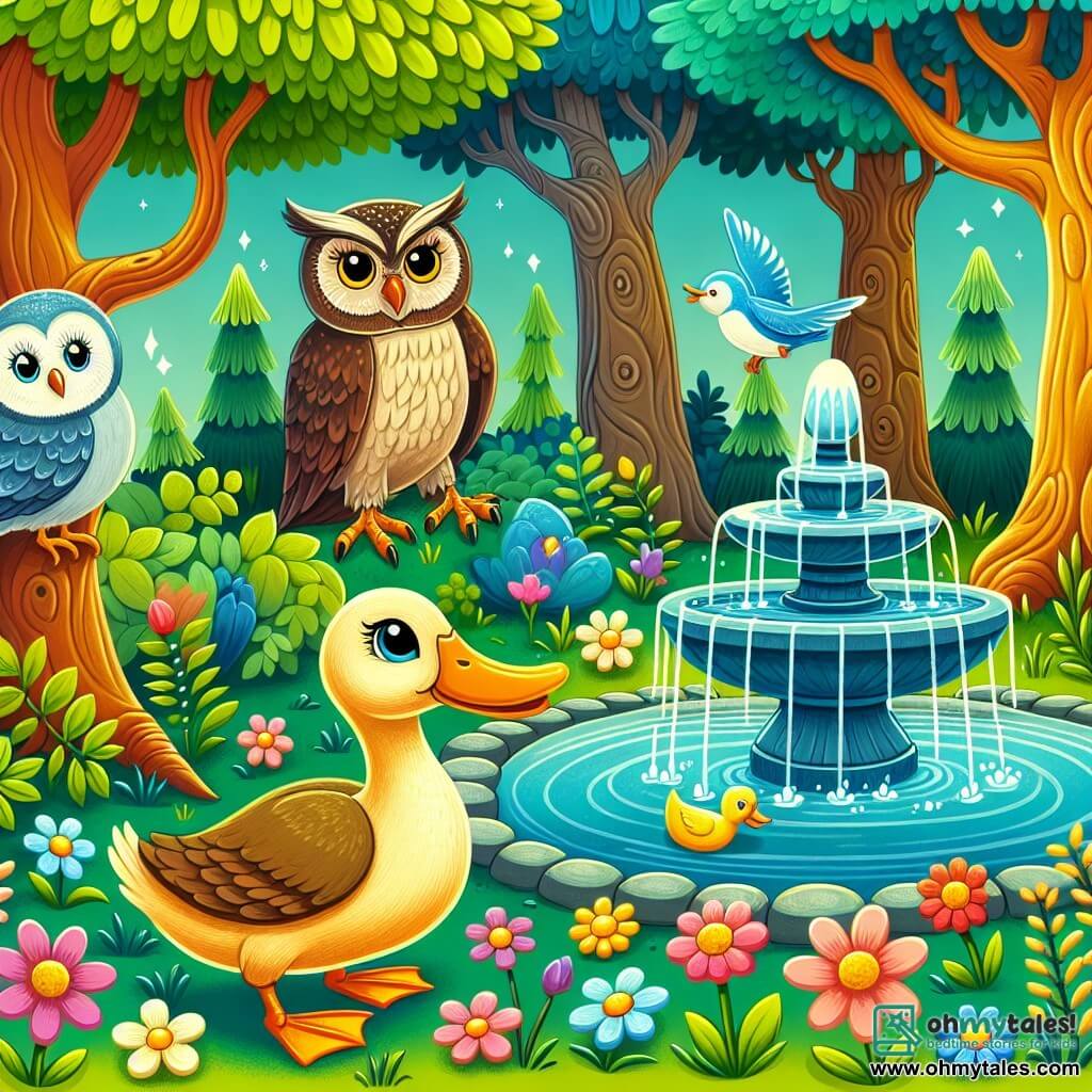 Une illustration destinée aux enfants représentant un canard curieux, un hibou sage, et une forêt enchantée avec des arbres centenaires, des fleurs colorées et une fontaine étincelante.
