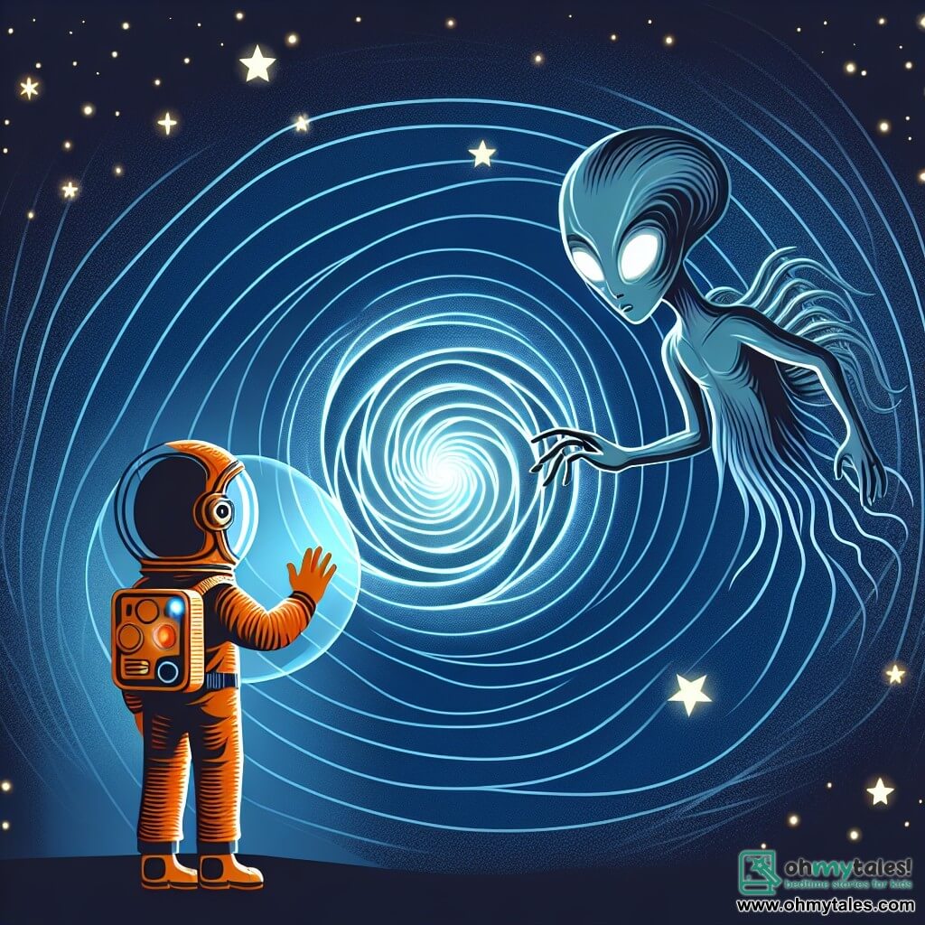 Une illustration destinée aux enfants représentant un jeune astronaute courageux, confronté à un mystérieux vortex spatial, accompagné d'un extraterrestre bienveillant aux yeux brillants de lumière, dans un univers futuriste où les étoiles dansent en harmonie.