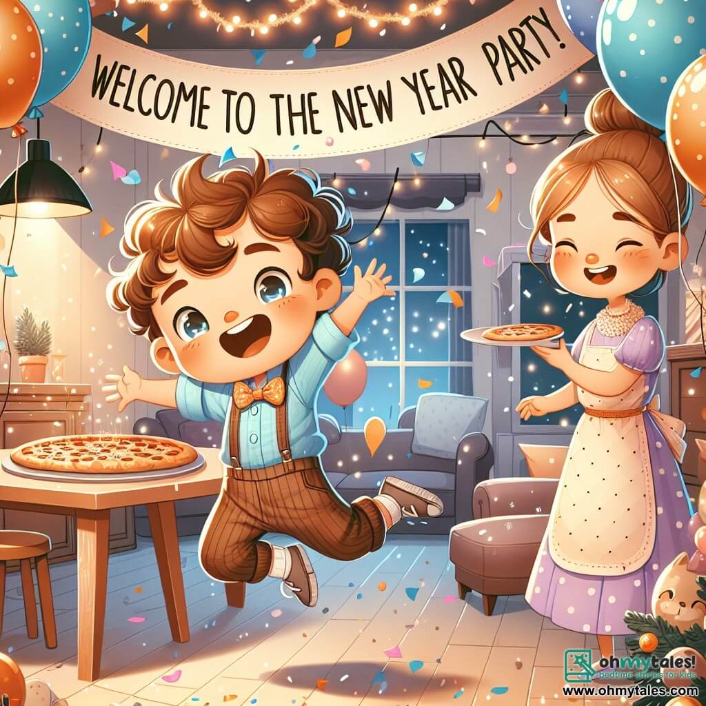 Une illustration sous forme de dessin destinée aux enfants représentant un salon chaleureux décoré de ballons colorés et de guirlandes scintillantes, où un garçon de 6 ans aux cheveux bouclés et aux yeux brillants, souriant avec enthousiasme, est en train de sauter de joie en tenant une grande pancarte "Bienvenue à la fête du Nouvel An", tandis que sa maman, une femme aux cheveux châtains attachés en chignon et portant un tablier, prépare une pizza sur la table, et sa petite sœur, une fillette aux cheveux longs et blonds, rit en jouant avec des confettis qui volent dans l'air, créant une ambiance festive et joyeuse pour célébrer la nouvelle année.