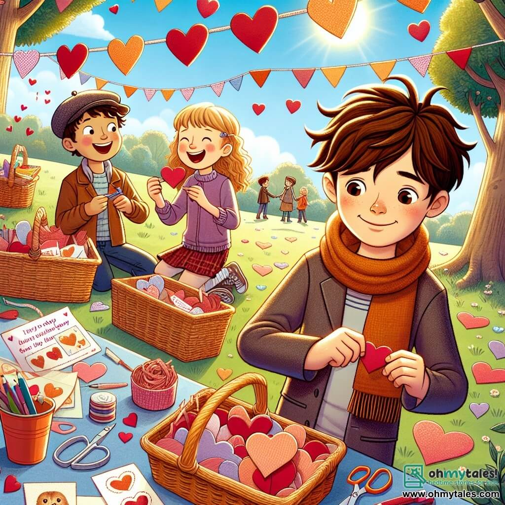 Une illustration sous forme de dessin destinée aux enfants représentant un parc ensoleillé décoré de cœurs colorés et de guirlandes, avec un garçon de 11 ans aux cheveux bruns en désordre, souriant et tenant un panier rempli de cartes de Saint-Valentin, entouré de deux amis : une fille aux cheveux châtains et bouclés, en train de découper des cœurs en papier, et un garçon aux cheveux blonds, riant tout en tenant un cookie en forme de cœur, alors qu'ils s'apprêtent à résoudre un mystère amusant sur l'amitié et la créativité.