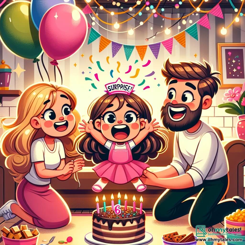 Une illustration sous forme de dessin destinée aux enfants représentant une salle de séjour chaleureuse et colorée, décorée de ballons multicolores et de guirlandes scintillantes, où une petite fille de 6 ans aux cheveux bruns et bouclés, portant une robe rose, saute de joie en criant "Surprise !" tandis que ses parents, un homme souriant avec une barbe et une femme aux cheveux longs et blonds, l'observent avec des yeux écarquillés, entourés de délicieux snacks et d'un grand gâteau au chocolat, capturant l'excitation d'une fête du Nouvel An pleine de rires et d'amour.