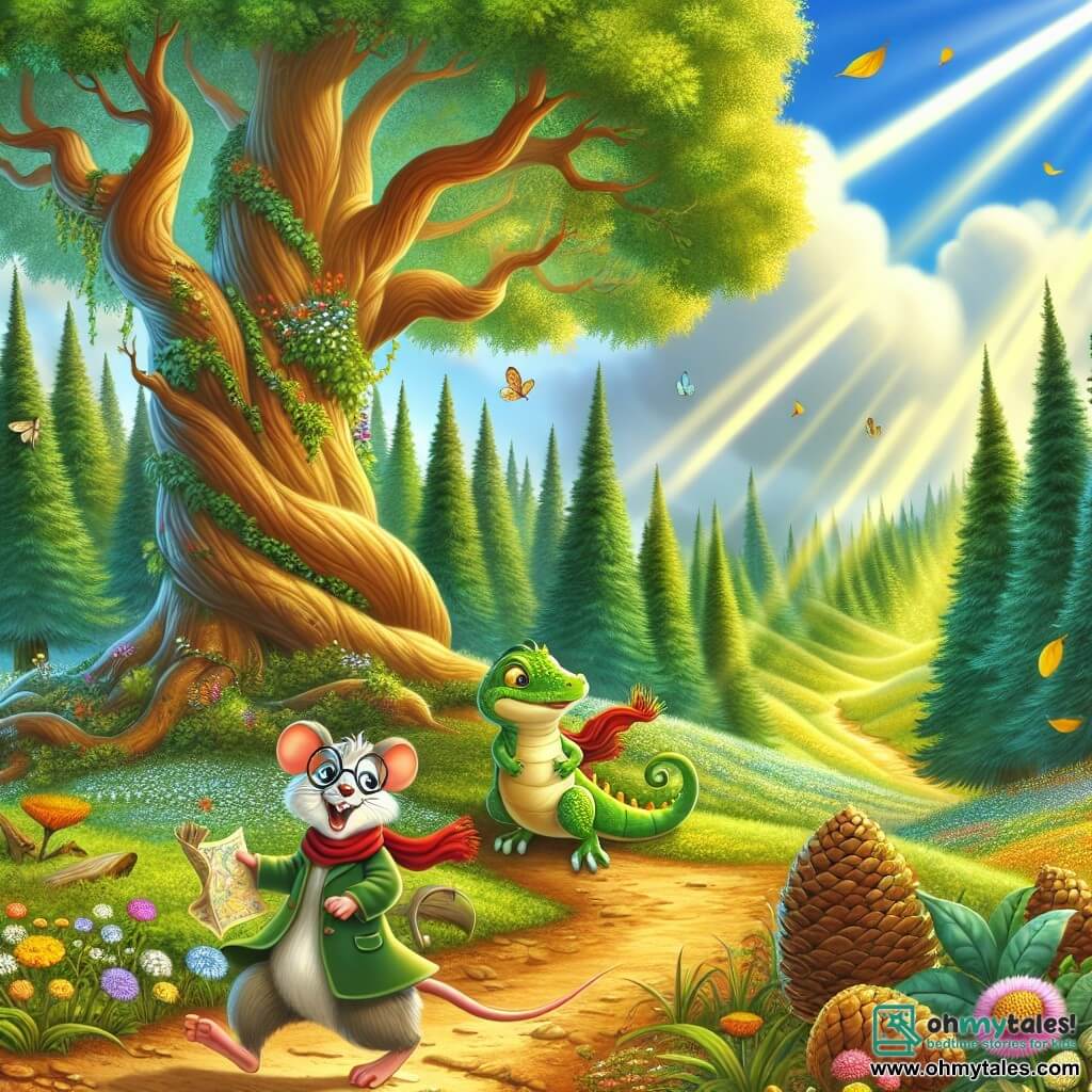 Illustration destinée aux enfants représentant une scène enchanteresse dans la forêt des Murmures, où de majestueux arbres aux feuilles vert émeraude s'élèvent vers un ciel d'azur, et des rayons de soleil filtrent à travers le feuillage, créant des motifs lumineux sur le sol tapissé de feuilles dorées. Au premier plan, une petite souris aux lunettes rondes glisse avec enthousiasme sur un chemin de terre, sa queue fine et son écharpe rouge flottant derrière elle, tandis qu'elle tient une petite carte à la main, pleine d'excitation et d'aventure. À ses côtés, une lézarde aux écailles brillantes de vert et d'or, avec des yeux pétillants de curiosité, observe attentivement les alentours, prête à découvrir le trésor légendaire du cône de pin doré. Ensemble, ils s'apprêtent à explorer un sentier sinueux, entouré de fleurs sauvages colorées et de petits animaux curieux, tandis qu'un groupe de chipmunks espiègles s'amuse à jouer au bowling avec des pommes de pin, ajoutant une touche de joie et de dynamisme à cette scène magique.